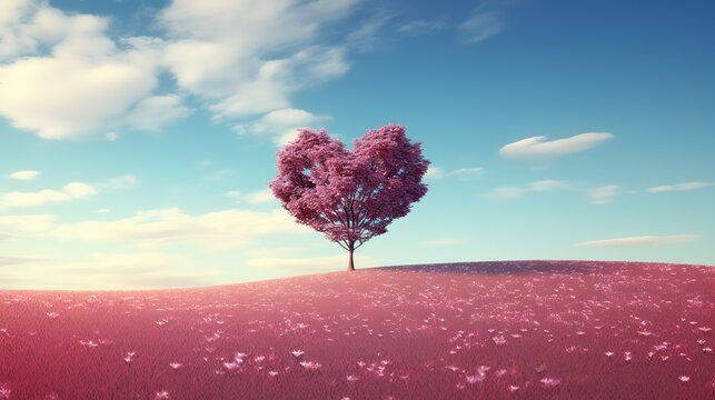 Pink heart tree and pink field under heart shape opening sky to the night landscape, Valentines day card.