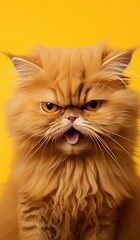 a fluffy cat sitting in front of a yellow background. generative ai