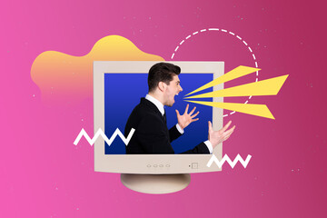 Creative collage picture young businessman display pc screen monitor screaming shouting outraged...