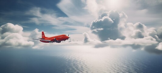 a bright plane flies in the clouds over the ocean 
