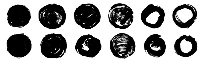 Grungy vector black ink brush scribble collection. Hand drawn textured punk style shapes. Artistic Chinese or Korean design elements. Japanese enso zen circles. Each element is united. Sun symbols