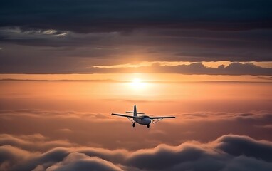 Fototapeta na wymiar a bright plane flies in the clouds over the ocean 