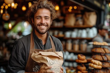 Fototapeta premium Smiling Barista Holding Coffee Bag