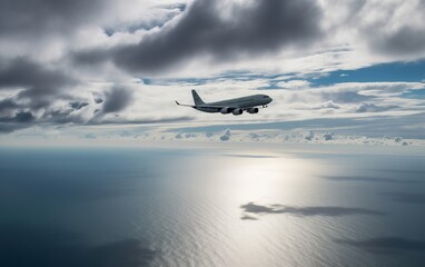 Fototapeta premium a bright plane flies in the clouds over the ocean 