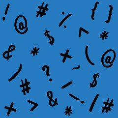 pattern with the image of keyboard symbols. Punctuation marks. Template for applying to the surface. blue background. Square image.