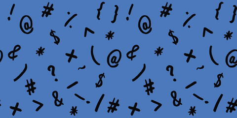 pattern with the image of keyboard symbols. Punctuation marks. Template for applying to the surface. blue background. Horizontal image. Banner for insertion into site.