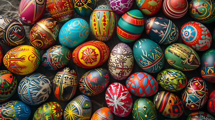 Easter eggs colorful decorated background. Product photography.