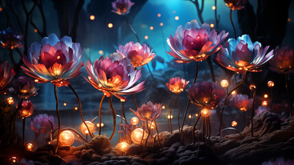 The magic light flower, The concept of growth, progress, beauty. Cyber fire flower with leaves

