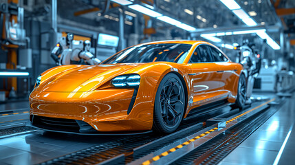 A yellow sports car gets pieced together by robotic arms within an ultramodern automated assembly line, showcasing industrial innovation and precision engineering. - obrazy, fototapety, plakaty