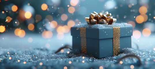 Navy blue gift box with satin ribbon on blue background for special occasions   the perfect present.