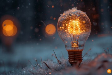 An ordinary incandescent light bulb stands outside in winter and burns