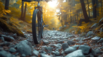 Fotobehang a downhill bike on the rocky street with forest background. Bright afternoon sunshine. Ground level viewpoint © growth.ai