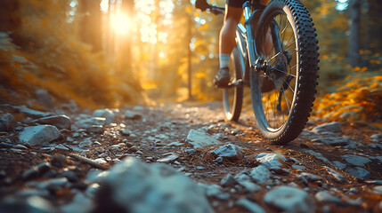 a downhill bike on the rocky street with forest background. Bright afternoon sunshine. Ground level viewpoint