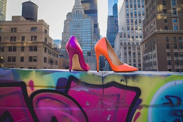 vibrant heels on a graffiti wall, city buildings behind