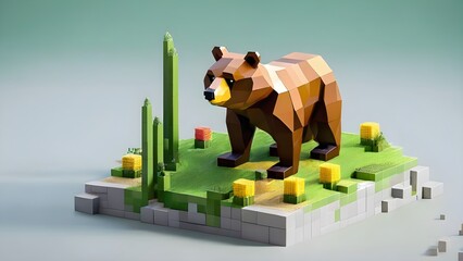 Voxel cute bear, animals made of 3d cubes, voxel illustration for video games or illustrating 3d animation and vfx studios. Generative AI