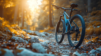 a downhill bike on the rocky street with forest background. Bright afternoon sunshine. Ground level viewpoint - obrazy, fototapety, plakaty