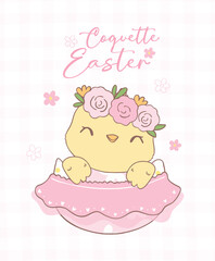 Cute Pink Coquette Easter Chick Cartoon, sweet Retro Happy Easter spring animal Hand Drawing.