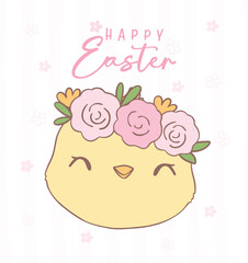 Cute Pink Coquette Easter Chick smiling face Cartoon, sweet Retro Happy Easter spring animal Hand Drawing.