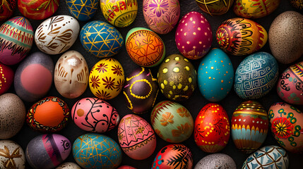 Easter eggs colorful decorated background. Product photography.