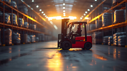 A forklift in the warehouse with sunlight penetration. Creative Banner