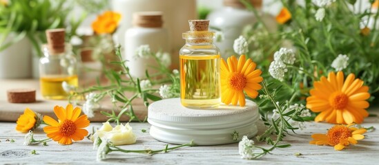 Natural beauty care products made with fresh and herbal ingredients such as essential oils, calendula flowers in a craft bottle, and facial cream in a jar.