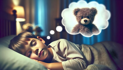 child boy sleeping in a bed and dreaming of a teddy bear