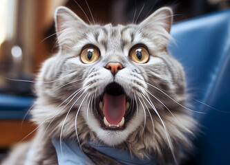 gray fluffy cat with opened mouth during checkup in veterinary. Cat screaming.