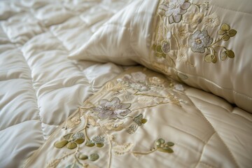 designer bedspread adorned with elegant embroidery closeup - obrazy, fototapety, plakaty