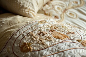 designer bedspread adorned with elegant embroidery closeup - obrazy, fototapety, plakaty