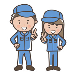 元気にピースをする作業服を着た男女清掃員、作業員のイラスト