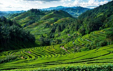 Fototapeta na wymiar Green Serenity Exploring the Tranquil Beauty of Tea Plantations and Rural Agriculture Landscapes ai generated