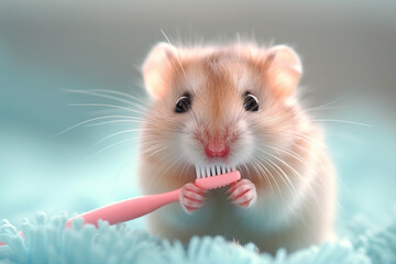 Adorable small hamster brushing teeth with toothbrush.