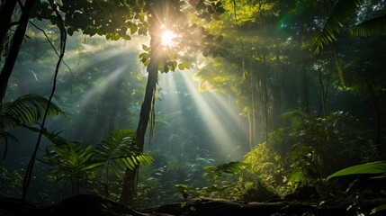 Sunbeam filtering through dense rainforest canopy, casting dappled light on vibrant foliage