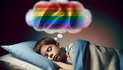 child boy sleeping in a bed and dreaming of a rainbow flag - Powered by Adobe