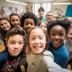 Fototapeta premium Happy diverse junior school students children group looking at camera standing in classroom. Smiling multiethnic cool kids boys and girls friends posing for group portrait together
