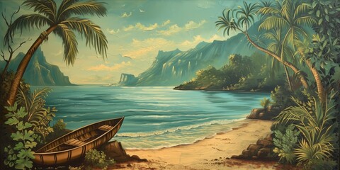 South Seas Scene as a Vintage Tiki Canvas Painting Background created with Generative AI Technology
