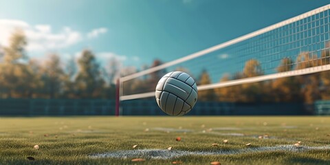 Sunlit volleyball court with flying ball, recreational sport scene, vibrant outdoor setting. ideal for sports themes and lifestyle content. AI - obrazy, fototapety, plakaty