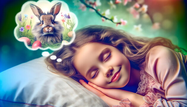 child girl sleeping in a bed and dreaming of the easter rabbit
