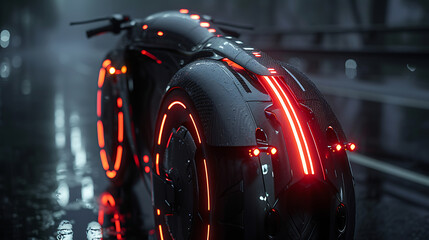 a futuristic cropped back end of a minimal bicycle is shown sitting against a dark background - obrazy, fototapety, plakaty