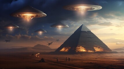 Flying saucer coming out from clouds on pyramids. Neural network AI generated art