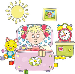 Cute little girl awaking up in her pretty small bed among toys after merry rings of a funny alarm clock in a nursery room on a sunny morning, vector cartoon illustration isolated on a white background