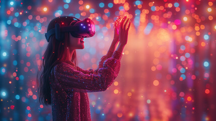 Colourful vibrant background of virtual reality concept, Female person in VR headset touching air with her hands in front of multi colored glowing backdrop.