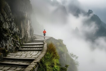 lone jogger on a misty mountain stair path