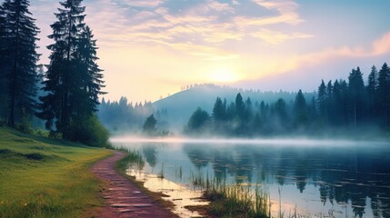 Fototapeta premium Misty Morning Scene of Lake Foggy Summer