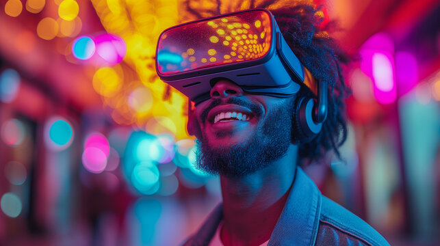 Handsome black man in virtual reality headset enjoying new experience of high tech.