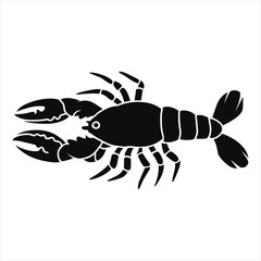 black silhouette of a  European lobster with thick outline side view isolated