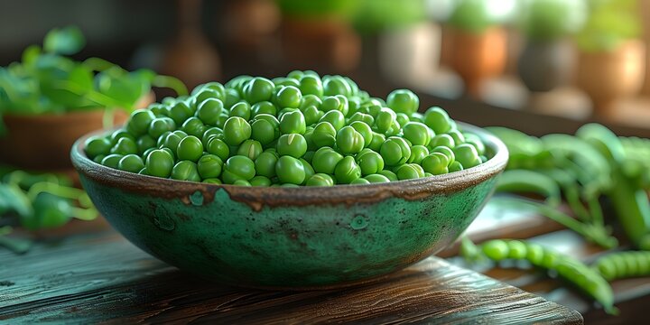 Fresh green peas in a rustic bowl, kitchen scene with healthy food. vibrant vegetables on wooden table. natural light and organic produce concept. AI