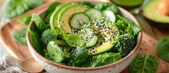 Obraz premium Detox salad with avocado, broccoli, spinach, and cucumber - vegan, vegetarian, raw, healthy diet.