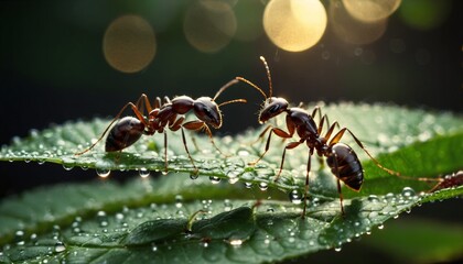 Close-up of ants or ant on a leaf in the wonderful green nature in sunlight on a meadow - ai generated