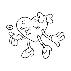 A contour image of a retro heart blowing a kiss. A female character in the shape of a heart in the style of a retro cartoon, isolated on a white background. Vector doodle illustration. valentine's day